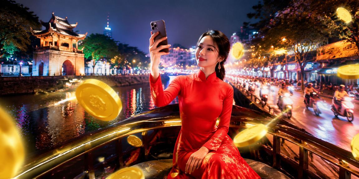 Phụ nữ mặc áo dài tại Hà Nội đăng ký tài khoản mới trên điện thoại để nhận ưu đãi chào mừng