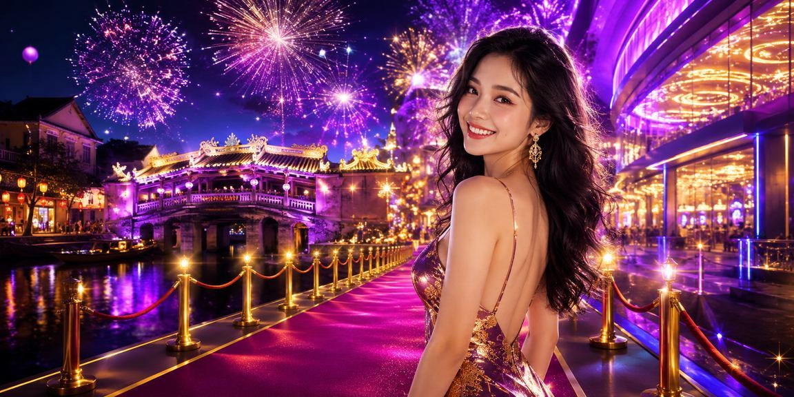 Màn hình slot game rực rỡ tại khu chợ đêm Hội An về đêm